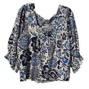 Rachel Zoe 100% Linen Button Front Square Neck Blouse Blue Floral Size L Boxy